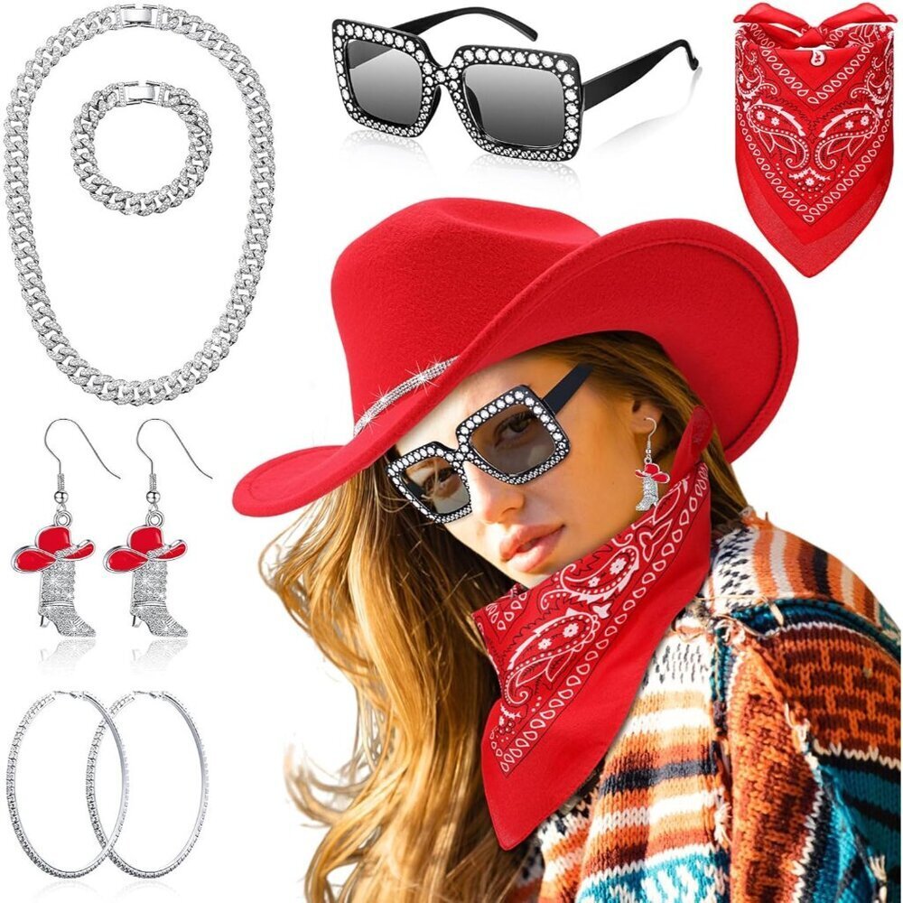 Cowgirl Costume Set Women Glitter Hat Sunglasses Jewelry for Parties Halloween